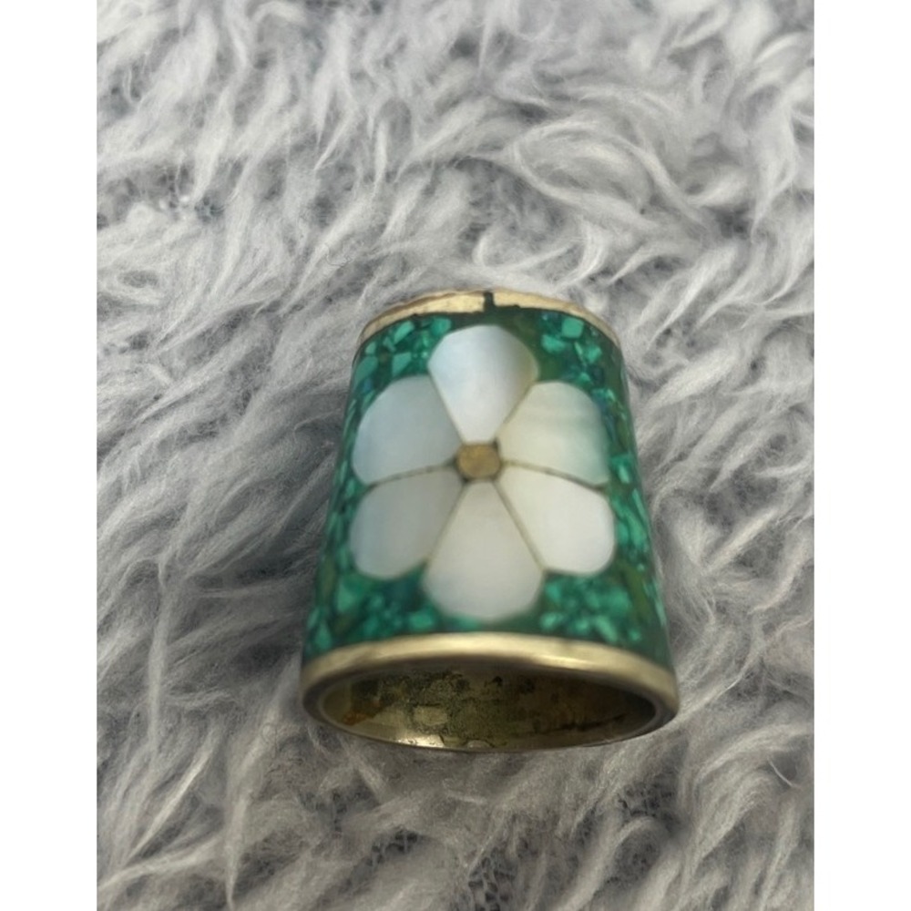 Vintage Alpaca‎ Mexico Silver Thimble Green Flower Inlay Turquoise MOP
